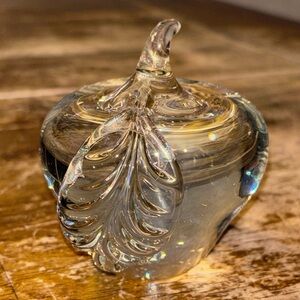 Beautiful art glass clear apple with leaf paperweight Estate